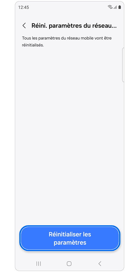 Écran d’accueil du menu de réinitialisation des paramètres du réseau mobile d’un Samsung Galaxy