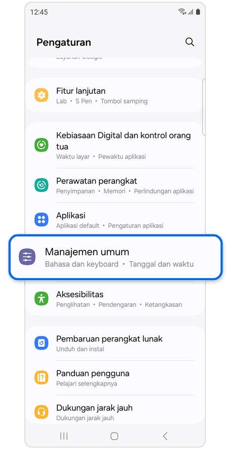 Layar beranda Pengaturan.