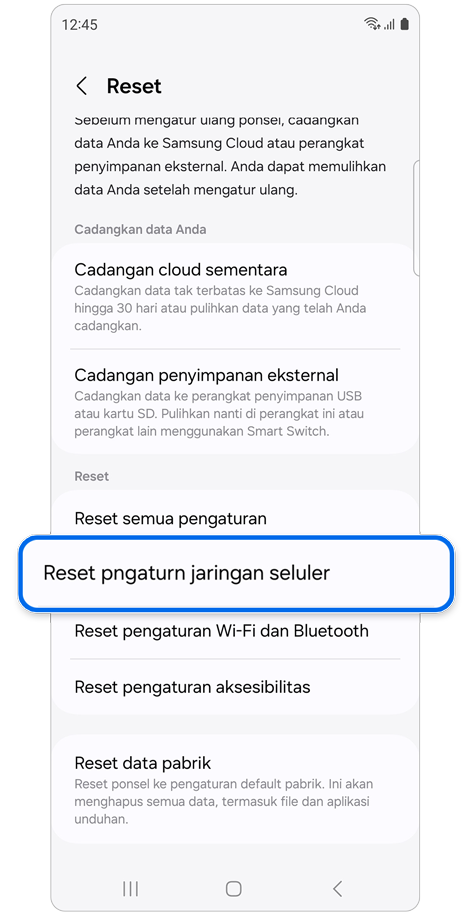 Layar opsi Reset.
