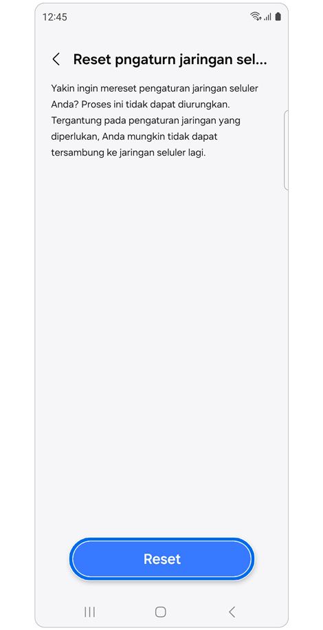 Layar pengaturan Reset pengaturan jaringan seluler.