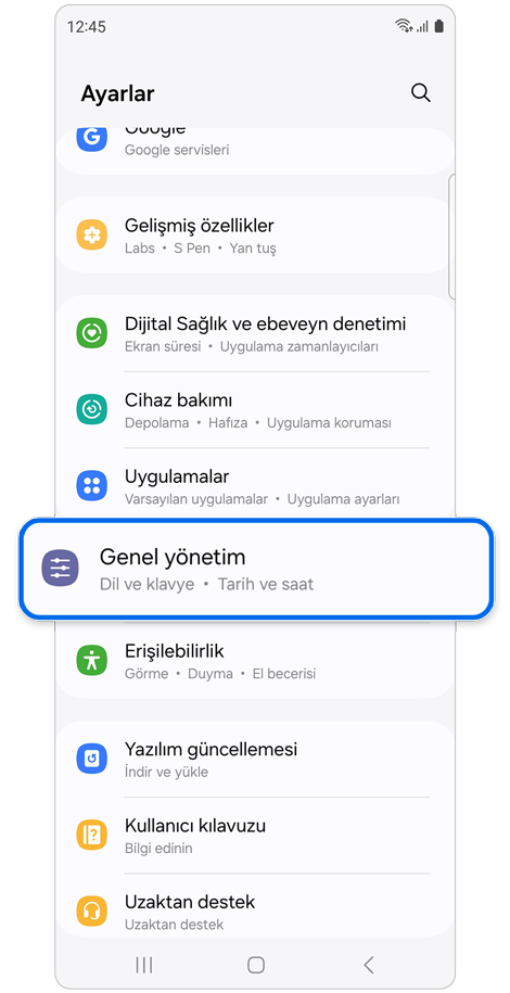 Ayarlar ana ekranı.