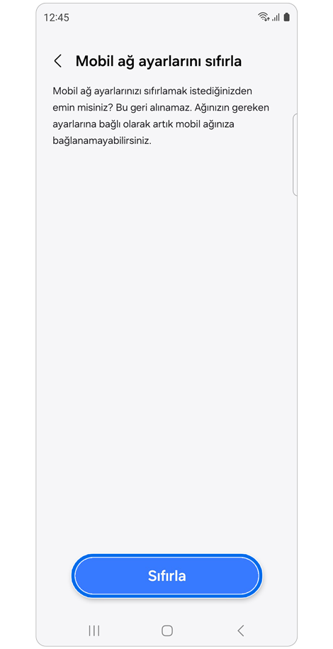 Mobil ağ ayarlarını sıfırlama ekranı.