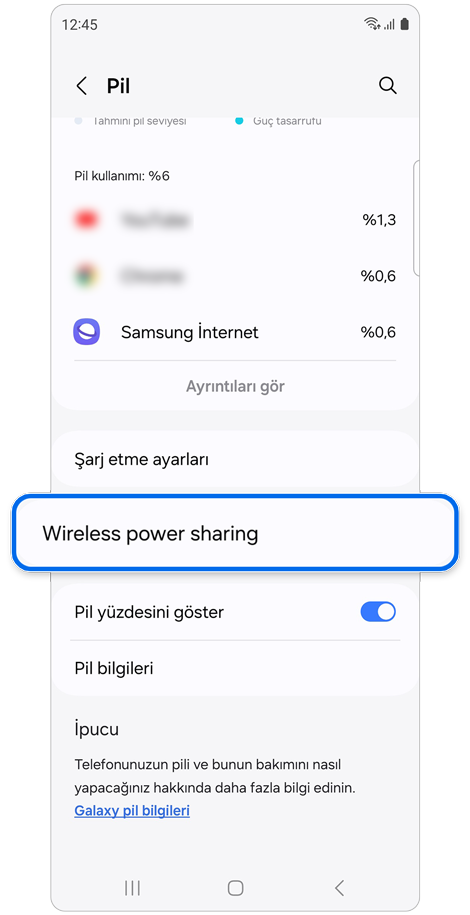 Pil ayarları ekranı