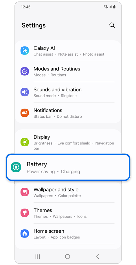 Settings home screen