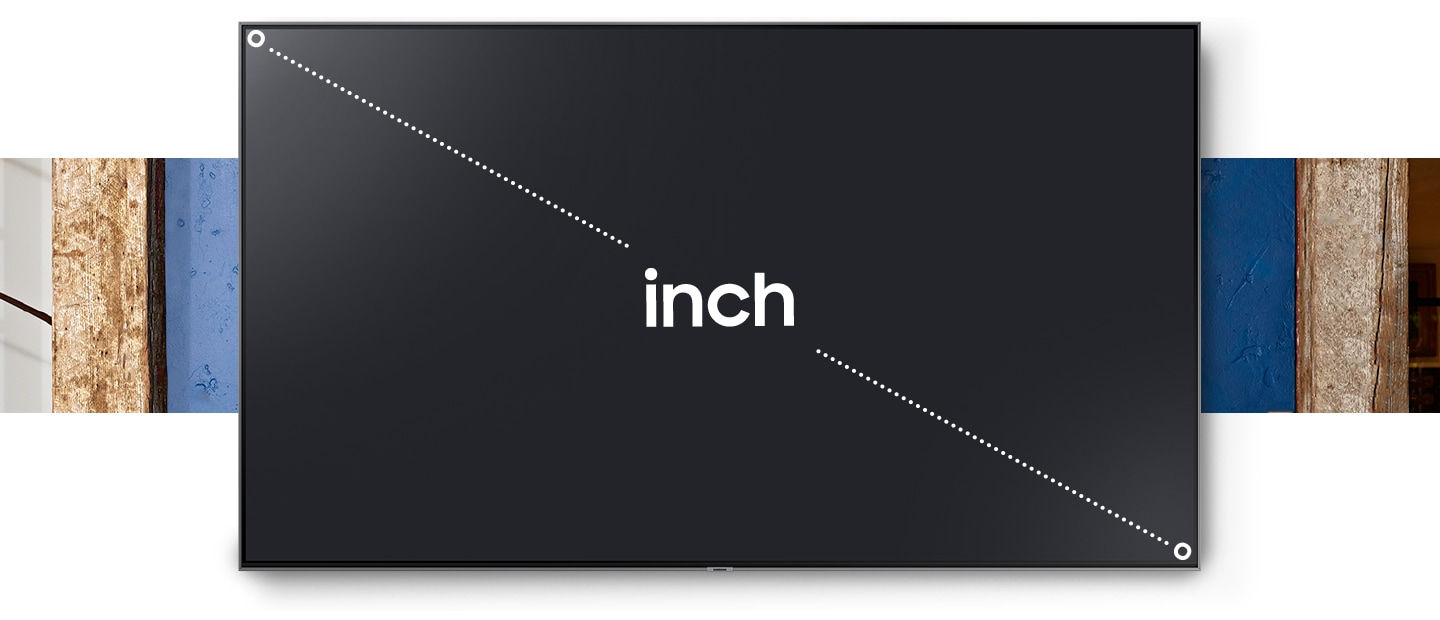 El texto pulgadas y cm aparece en el centro de una pantalla grande, acompañado de líneas de puntos que se extienden en diagonal desde la esquina superior izquierda hasta la esquina inferior derecha.