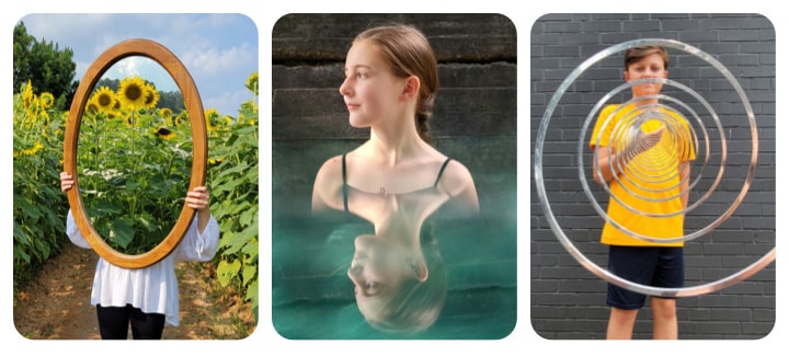 Un collage de tres imágenes de estilo ilusión óptica tomadas en el Galaxy S21 Ultra 5G por la fotógrafa Melissa Nordan. De izquierda a derecha: una niña sostiene un gran espejo ovalado en un campo de girasoles, en el que se muestra un reflejo de girasoles a su alrededor; una niña mira hacia un lado con un imagen borrosa suya que se ve en la parte inferior; un niño con una camisa amarilla a través de los espirales plateados de un resorte de juguete.