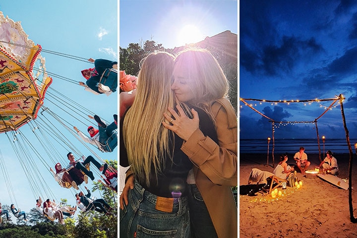 Este es un collage de tres fotos. La primera muestra un desfile de carnaval, fotografiado desde el suelo, con gente en columpios que giran alrededor de un carrusel. La segunda muestra a dos mujeres que se abrazan en un parque urbano rodeadas de flores. La última foto muestra a tres amigos sentados en una playa, de noche, bajo una estructura de madera natural rodeada de luces y antorchas.