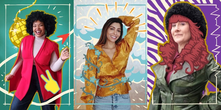 Tres retratos dinámicos de un grupo diverso de mujeres con ilustraciones digitales agregadas en la parte superior.