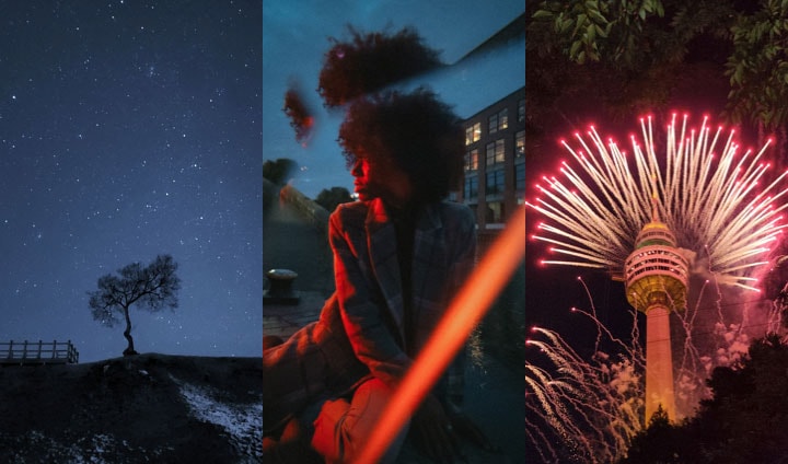 Collage de un árbol por la noche, una mujer en la hora azul y fuegos artificiales rosados alrededor de un rascacielos por la noche.