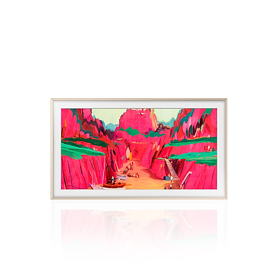 Pantalla con marco blanco imagen en tonos rojos y rsados