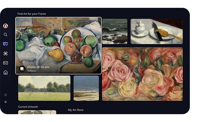 Se ve la UI de inicio de Samsung Art Store, con una barra de herramientas a la izquierda y varias opciones de arte.
