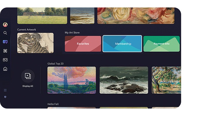 Varias opciones de selección en la UI de Samsung Art Store. La categoría Mi Art Store tiene Favoritos, Membresía e Información de pago.
