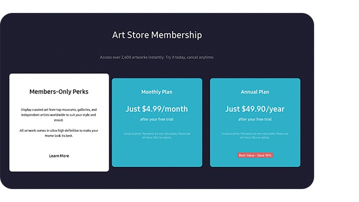 Diferentes opciones de Membresía en Art Store, incluido el Plan Mensual y el Plan Anual, con información sobre Beneficios solo para miembros.
