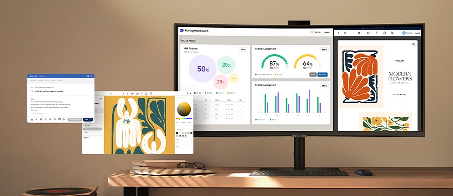 Una configuración de oficina en el hogar con un monitor que muestra diferentes aplicaciones y documentos. El monitor muestra un documento con varios datos y un archivo PDF. Al costado, se muestra un correo electrónico y una aplicación de edición.