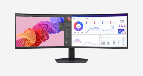 Monitor curvo ultraancho con documento de diseño y trabajo en pantalla