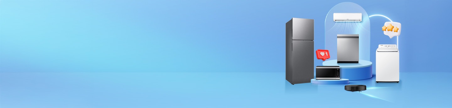 EL banner com fondo azul, a la derecha  tiene 6 produtos de línea blanca.