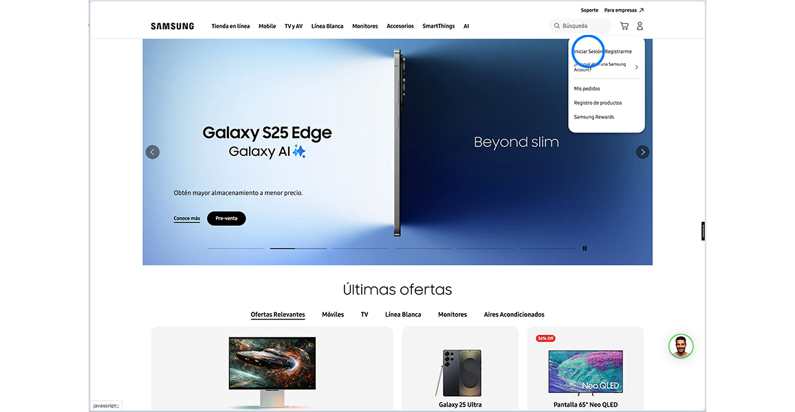 Samsung.com web browser.
