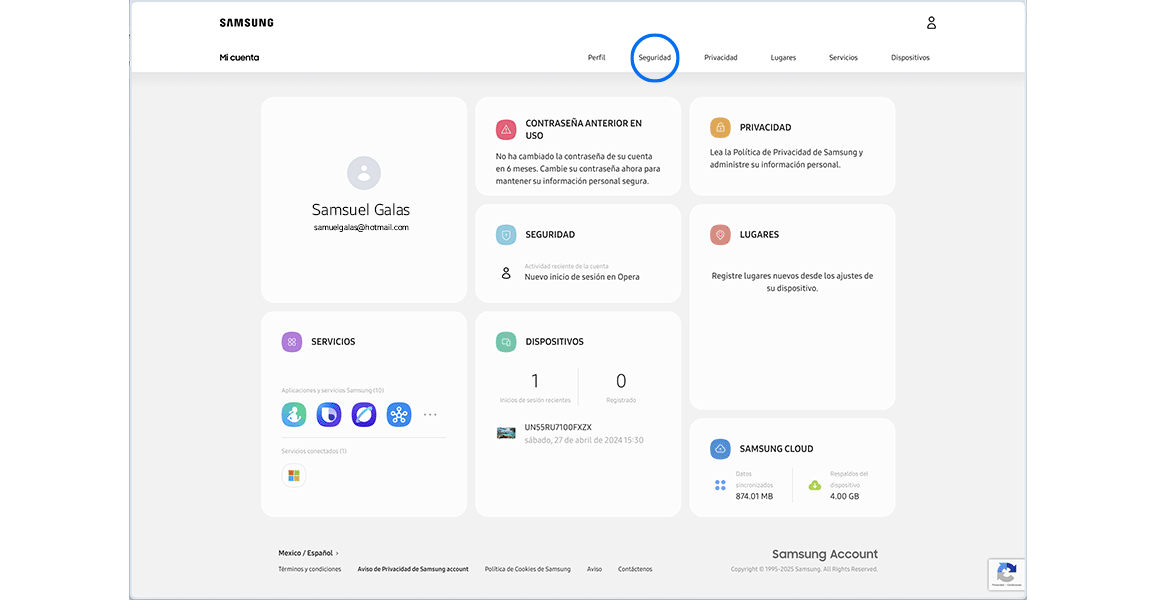 Account settings page.