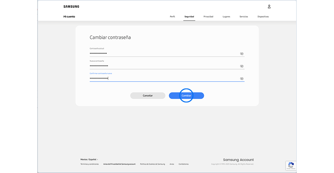 "Change password" page.