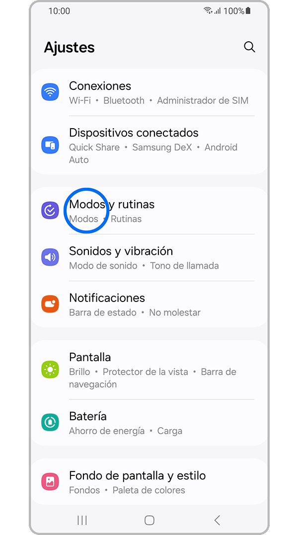 Pantalla de Modos y Rutinas.
