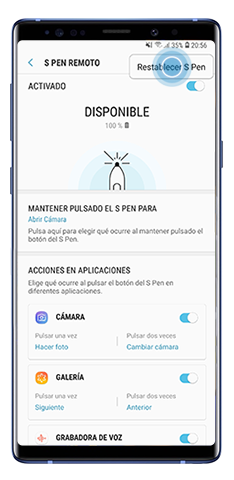 Restablezca la opción S Pen en el menú control remoto de S Pen