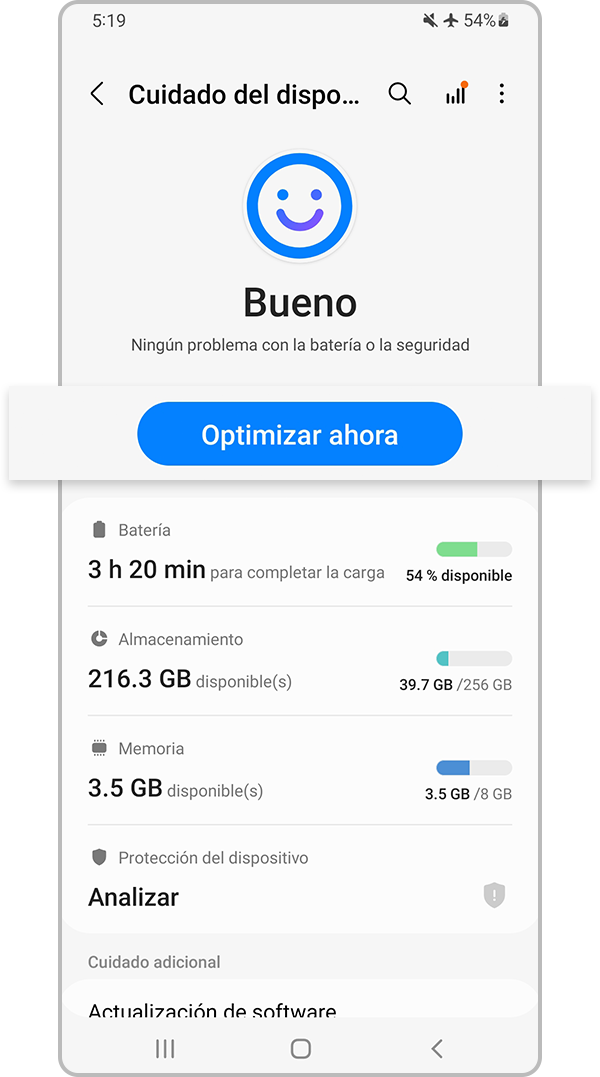 Cuidado del dispositivo Optimizar ahora