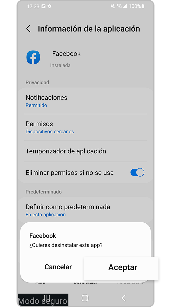 Toca Aceptar para desinstalar