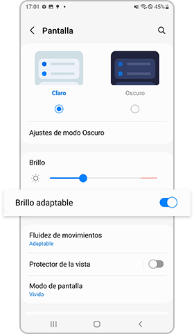 galaxy s22 configuración de brillo adaptativo