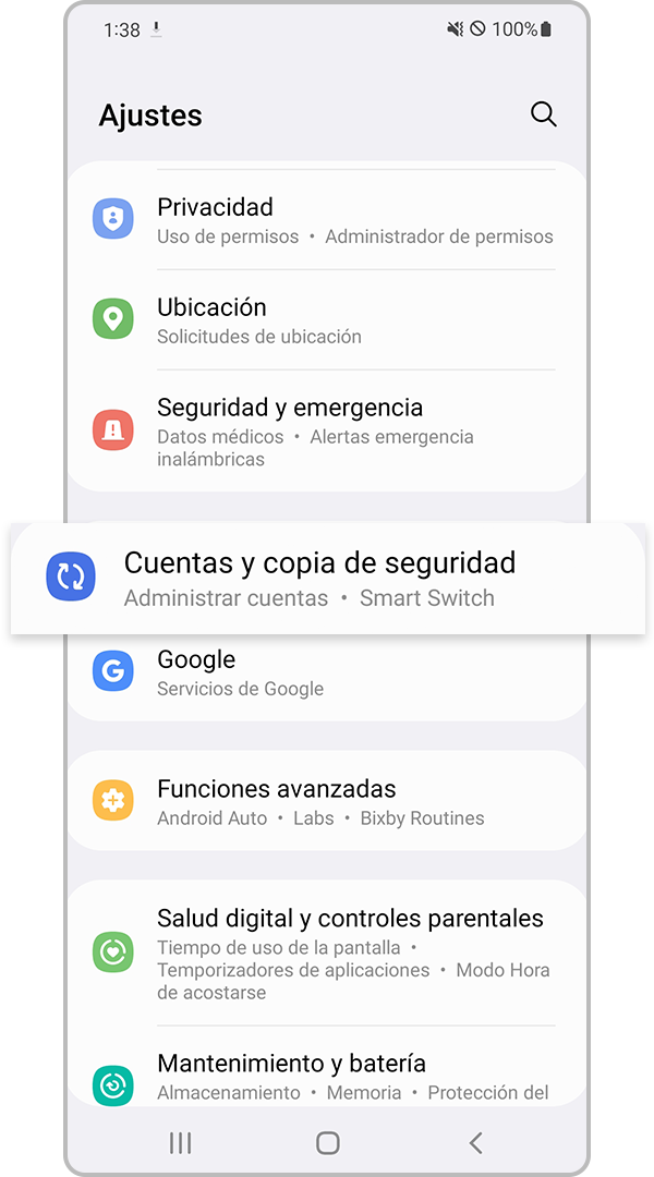 Ajustes de cuentas y copias de seguridad