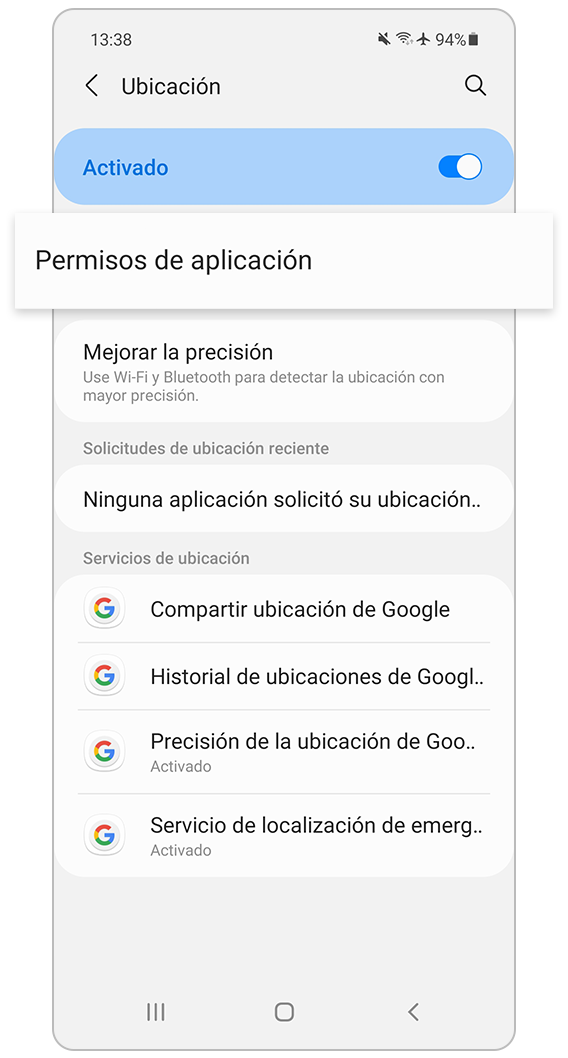 Verifica que la Ubicación esté activada en los permisos de aplicación.