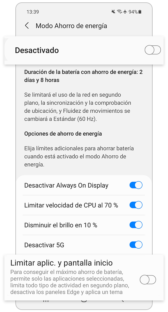 El modo Ahorro de energía limita las aplicaciones y la pantalla inicio.