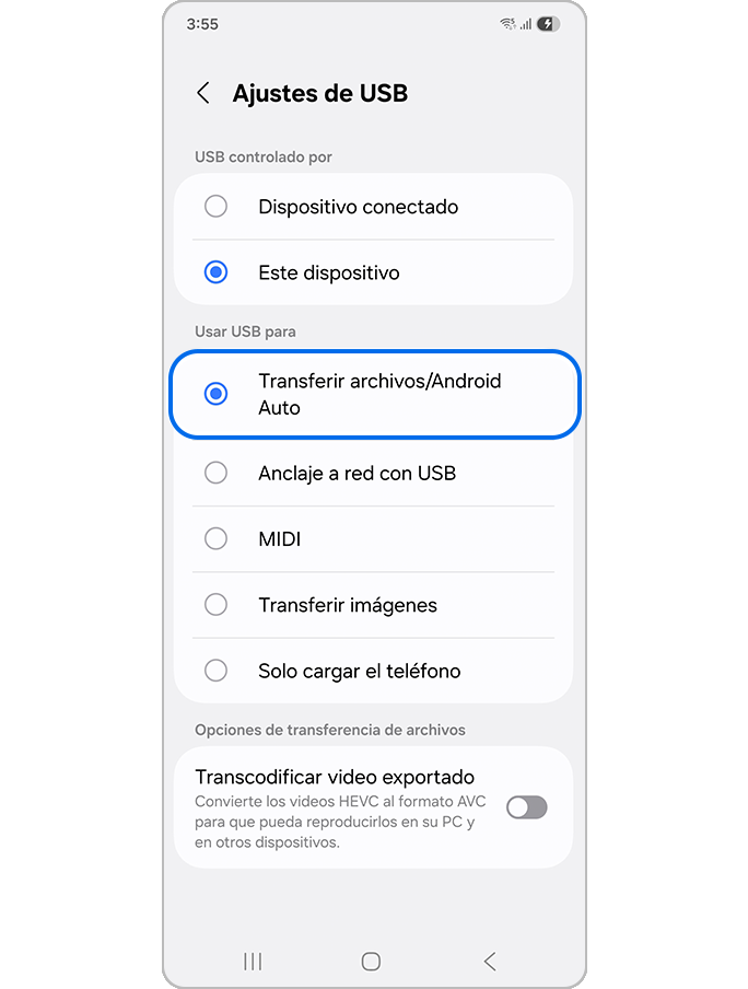 Seleccionar la opción Transferir archivos