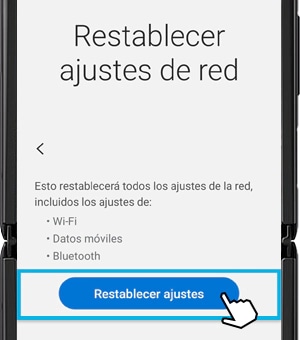 Captura de pantalla que muestra cómo restablecer los ajustes de red del dispositivo.
