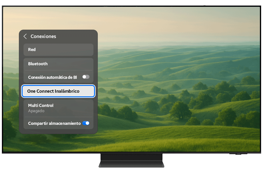 TV menu with Wireless One Connect button highlighted.