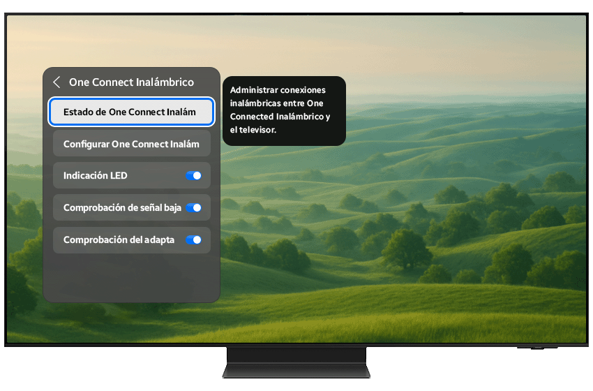Wireless One Connect Status menu highlighted on the TV screen.