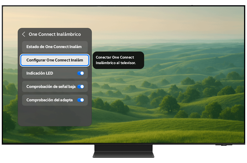 Set up Wireless One Connect menu highlighted on the TV screen.