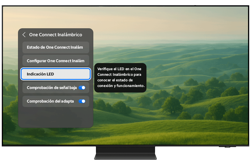 LED Indication menu highlighted on the TV screen.
