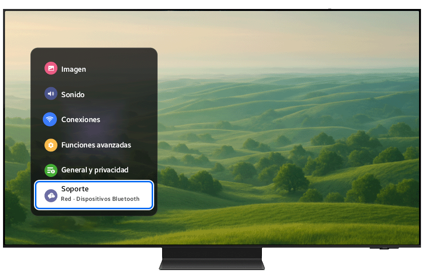 Support menu highlighted on the TV screen.