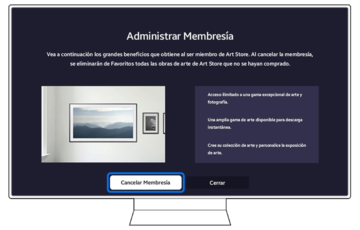 Manage Membership screen on The Frame TV displaying a 'Cancel Membership' button and information about the consequences of cancellation.