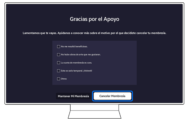 Feedback screen with reasons for canceling the Art Store membership, with a 'Cancel Membership' button highlighted.
