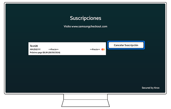 Subscriptions screen on The Frame TV displaying an 'Unsubscribe' button for a listed membership, secured by Knox.