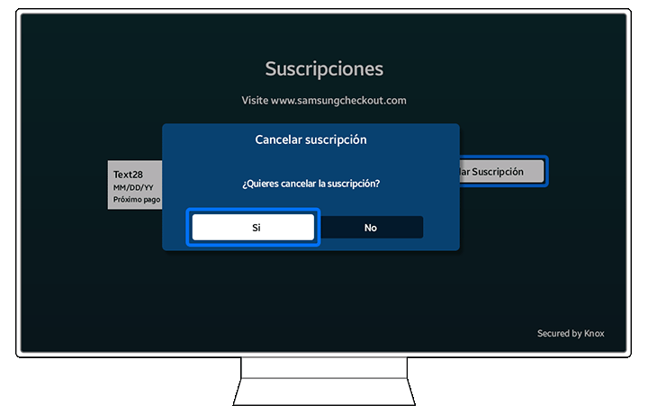 Confirmation dialog on The Frame TV asking 'Do you want to cancel the subscription?' with options 'Yes' and 'No' highlighted.