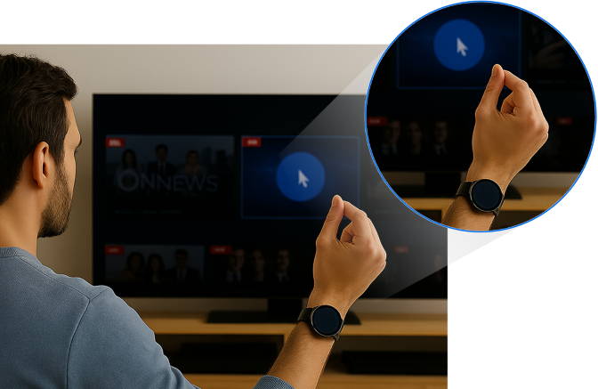 A man controlling the TV cursor with a hand gesture, wearing a Galaxy Watch on his wrist.
