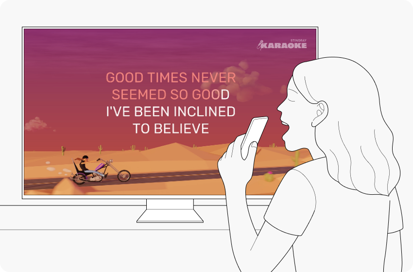 Samsung Smart TV karaoke screen with a mobile phone connected as a microphone via the SmartThings app.