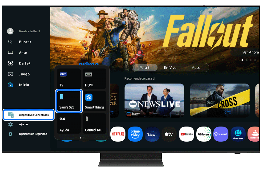 2025 Samsung Smart TV Home screen showing the Connected Devices menu.