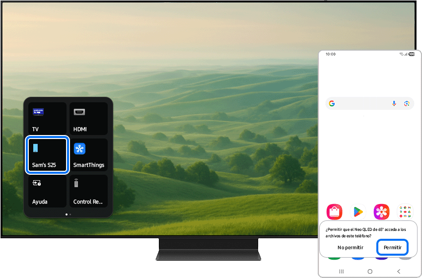 TV and a mobile device are alongside each other. Mobile device pop-up message says “Allow 65” Neo QLED to access the files on this phone?”.