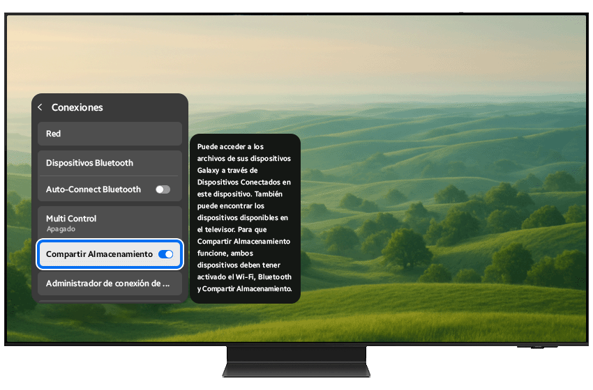 TV displaying the Connections menu with Storage Share turned on.