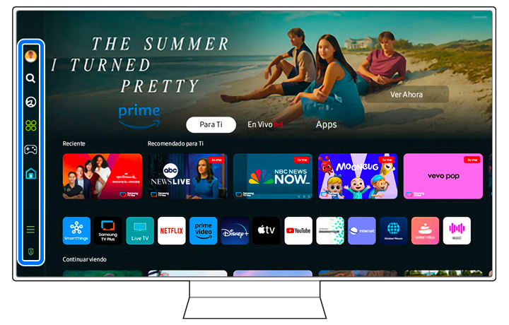Samsung Smart TV displaying the Smart Hub interface with various app icons and media recommendations.