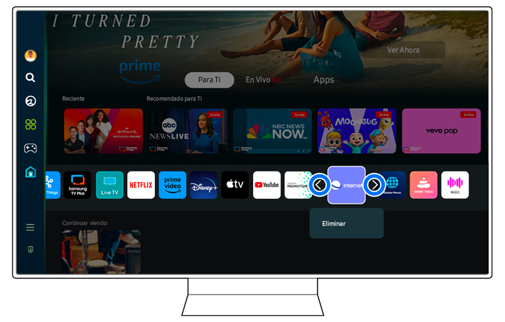 Samsung Smart TV Smart Hub screen showing the app rearrangement interface with the 'Remove' option highlighted.