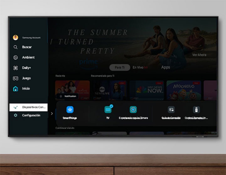 Samsung Smart TV displaying the Smart Hub interface with the 'Connected Devices' menu option selected.